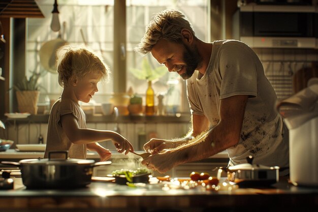 Photo father and child cooking together