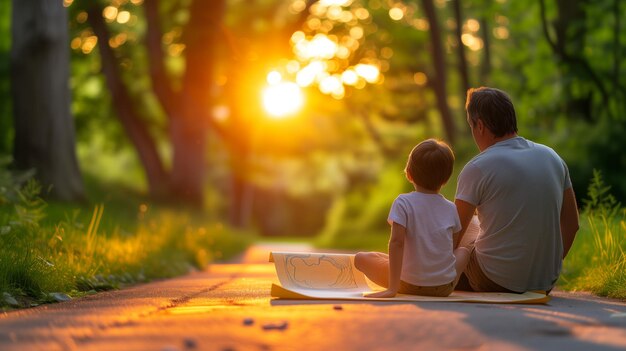 Father and Child Enjoying Drawing Together Outdoors