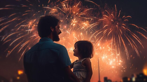 A father and child enjoying a fireworks display