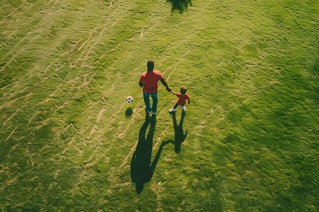 父 と 子 が サニー フィールド で サッカー の 試合 を 楽しん で いる