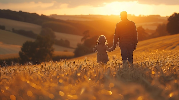 Отец и сын наслаждаются закатом солнца на Золотом поле
