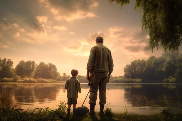 A father and child fishing by the lake