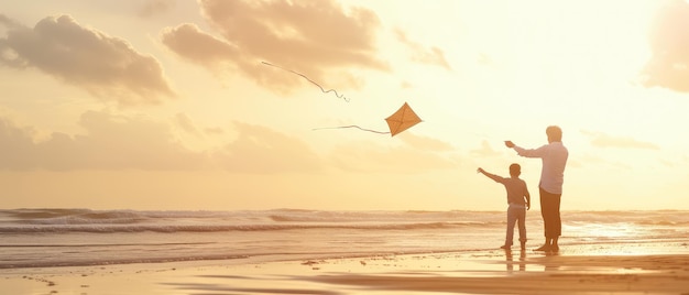 Father and Child Flying Kite at Beach During Sunset