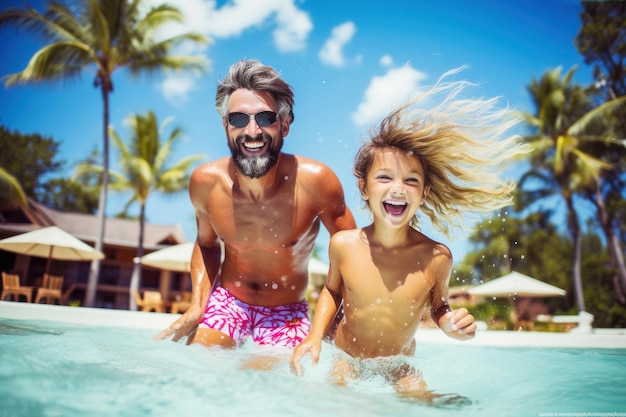 Father and child happily splashing in the sea on vacation