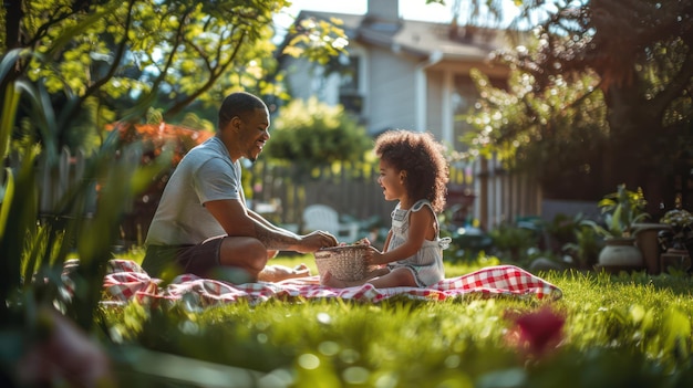 A father and child having a picnic in the backyard