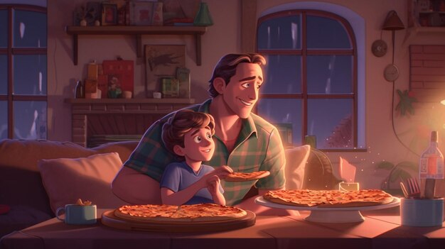 A father and child having a pizza night and watching