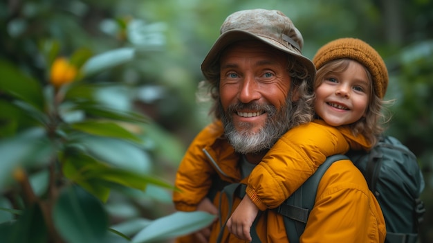 a father and child on a hiking adventure in a lush green forest They39re wearing casual outdoor gear