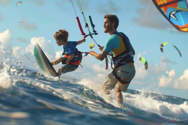 Photo father and child kite surfing