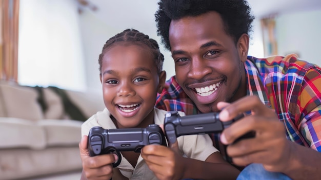 A father and child playing video games together