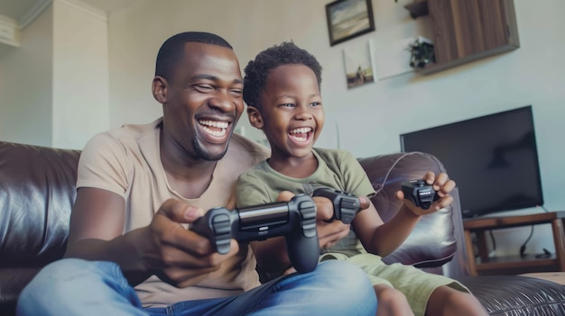 A father and child playing video games together