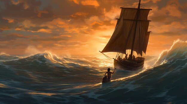 A father and child sailing in the ocean