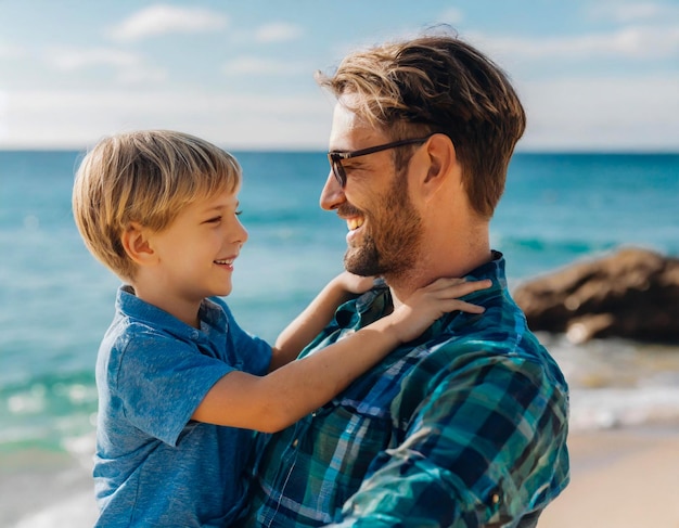 Photo father child son fun family man boy happy together on sea coast happiness smiling cheerful togethern