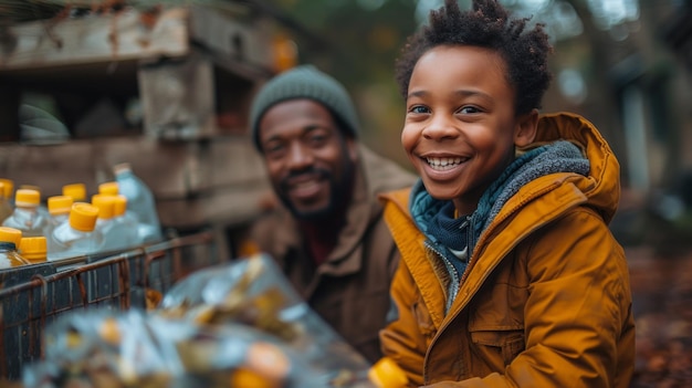 father and child sorting garbage outdoor