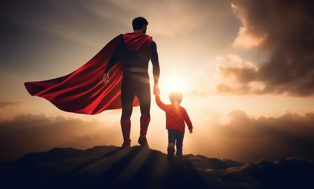 Photo father and child in superhero capes with the sun light