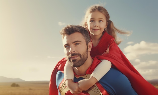 father and child in superhero capes with the sun light