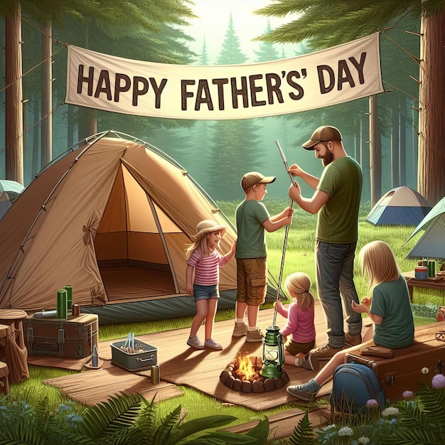 Father and Children Camping Trip Realistic Image