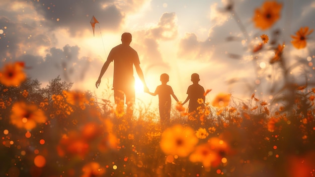 Father and Children Enjoying Sunset with Kite Silhouette