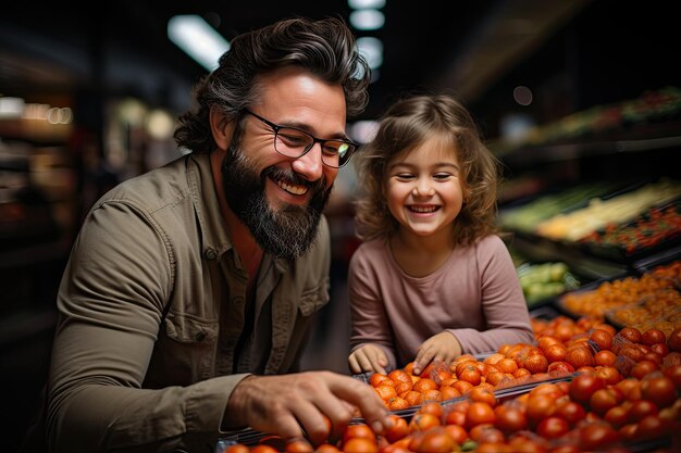 Father and children exploit supermarket learning healthy choices generative IA