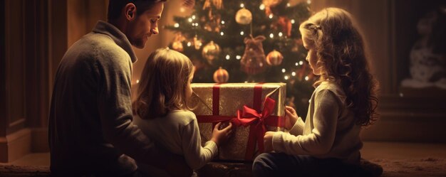 Father and children with christmas gift near christmas tree with boxes Generative ai