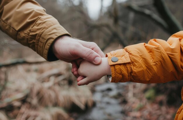 Photo father and childs tender handhold in nature