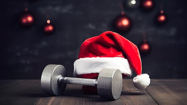 Father Christmas hat on a gym dumbbell weight