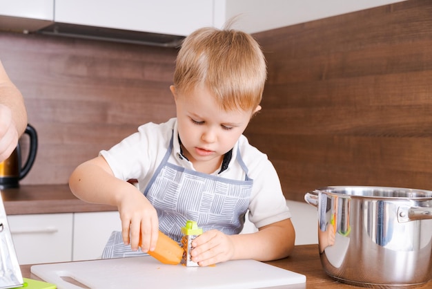 Father cooks with his son rub carrots on grater at home in the kitchen have