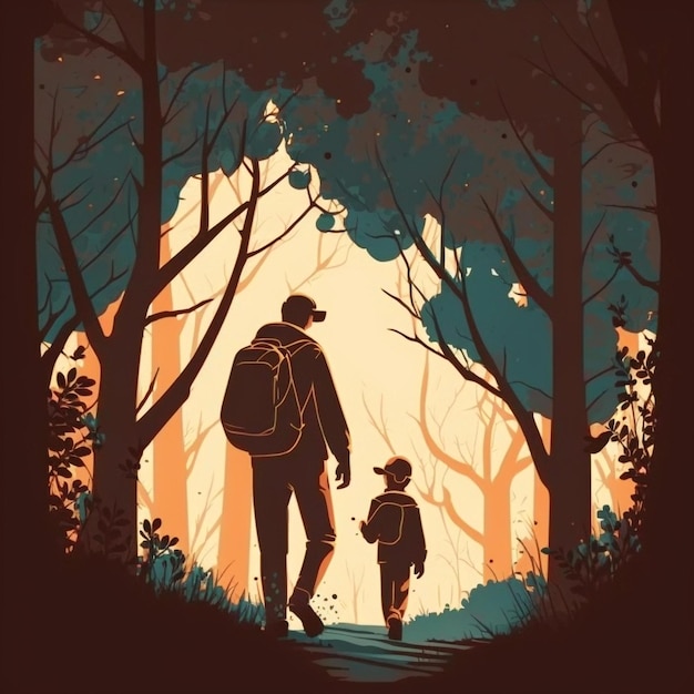 father an d son walking in the forests