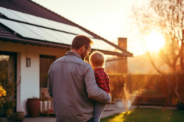 Photo father and daughter admire their solarpowered home at sunset