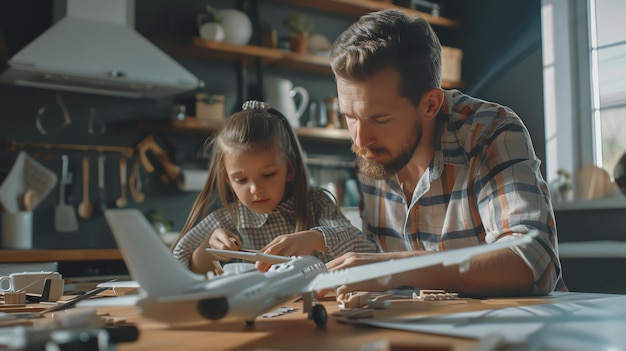 Photo father and daughter are assembling a model airplane together