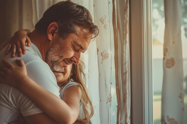 Father and daughter are hugging in front of a window Generative AI