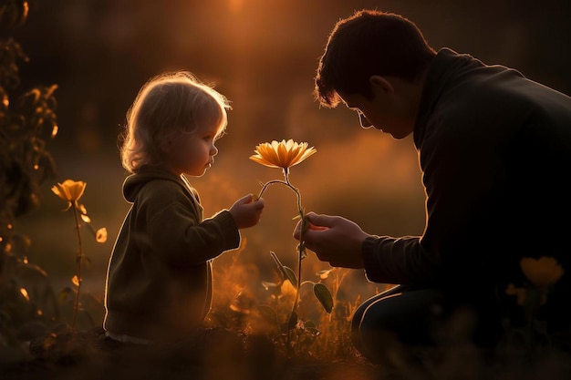 a father and daughter are looking at a flower that says " the story of a child "