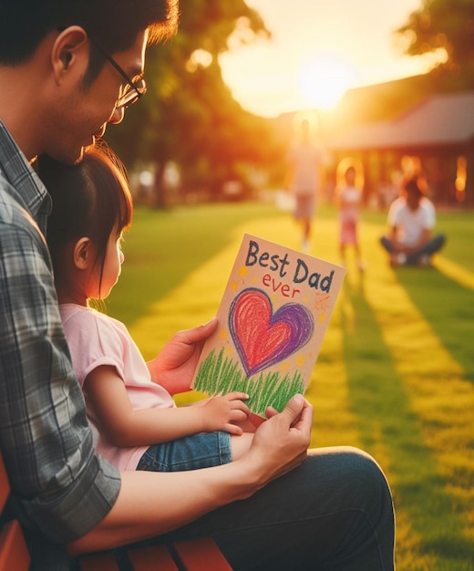 a father and daughter are looking at a picture of a dad with a picture of a heart on it