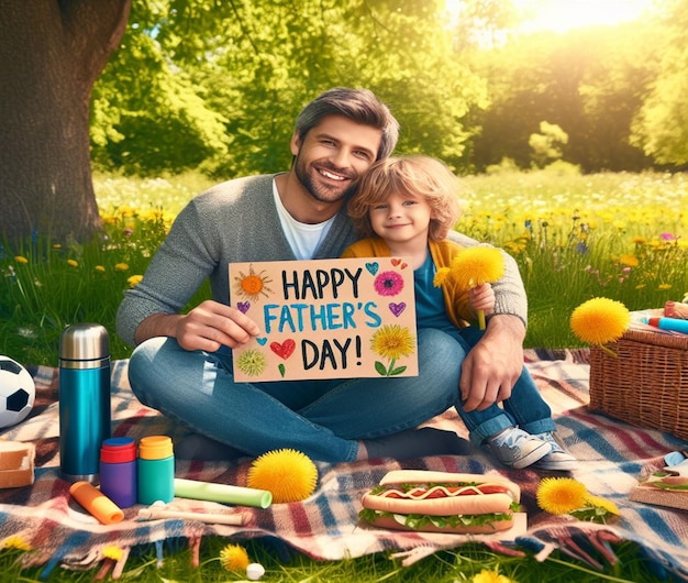 a father and daughter are sitting on a blanket with a sign that says fathers day