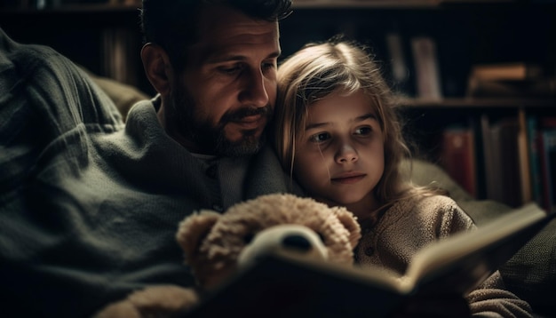 Father and daughter bonding over bedtime stories generated by AI