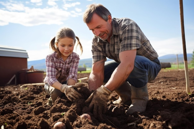 Father and daughter cleaning dirt from harvested potatoes