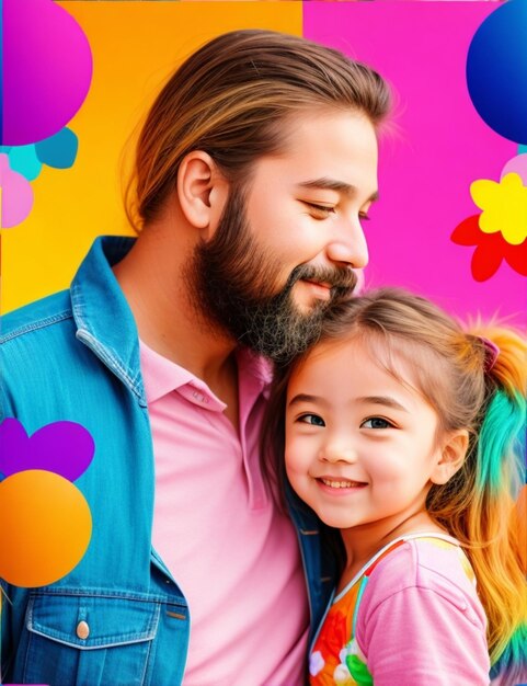 father and daughter colorful background