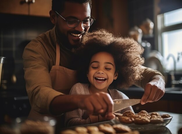 A father and daughter cooking cookies in a kitchen.