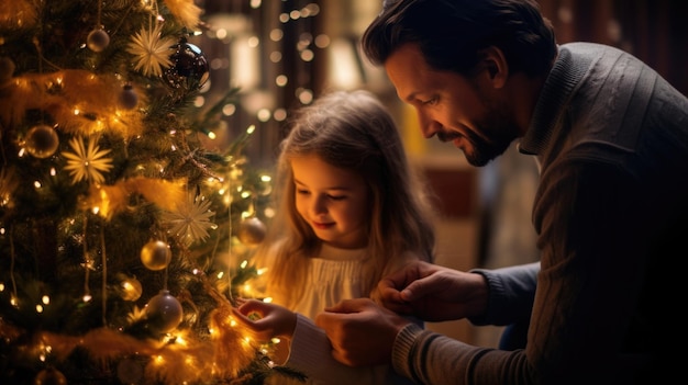 Father and daughter decorate a Christmas tree AI generative