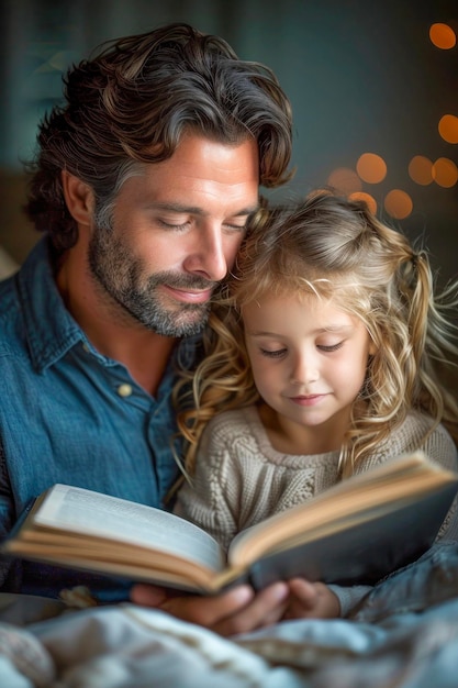 Photo father and daughter engrossed in a book together