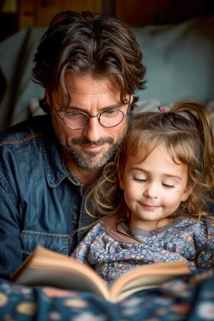 Photo father and daughter engrossed in a book together