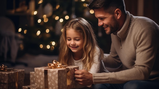 Photo father and daughter in front of christmas tree sharing presents and smiles on christmas