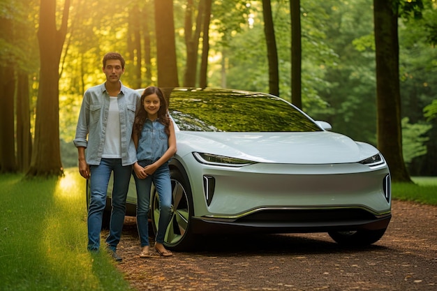 A father and a daughter in front of an electric vehicle