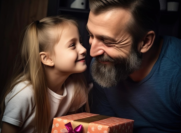 A father and daughter giving a gift to a child