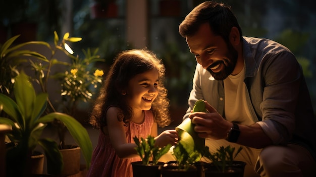 Father and daughter happily watering plants