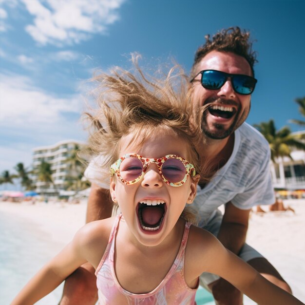 Father and daughter having fun at the beach in summer