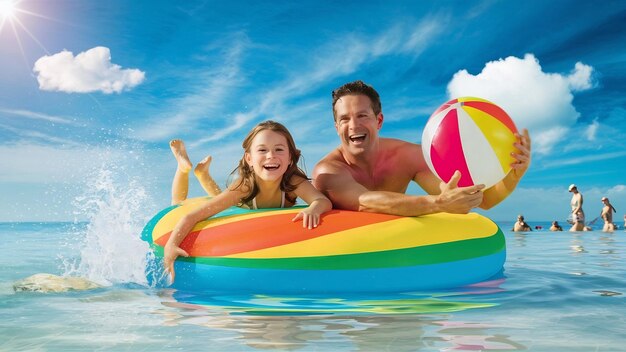 Photo father and daughter having fun on the beach while floating on airbed