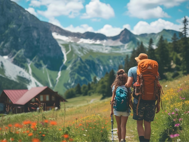 父と娘が山でハイキングする子供たちと一緒に旅行するコンセプト