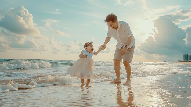 Photo father and daughter holding hands at the beach