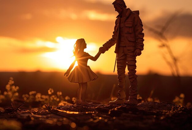 Father and daughter holding hands at a sunset in the style of soft sculptures