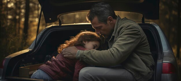 Photo a father and daughter hug in a car.